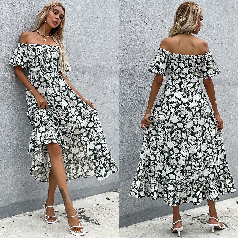 Robe maxi florale pour femmes à épaules dénudées avec fente latérale Chic und Stil
