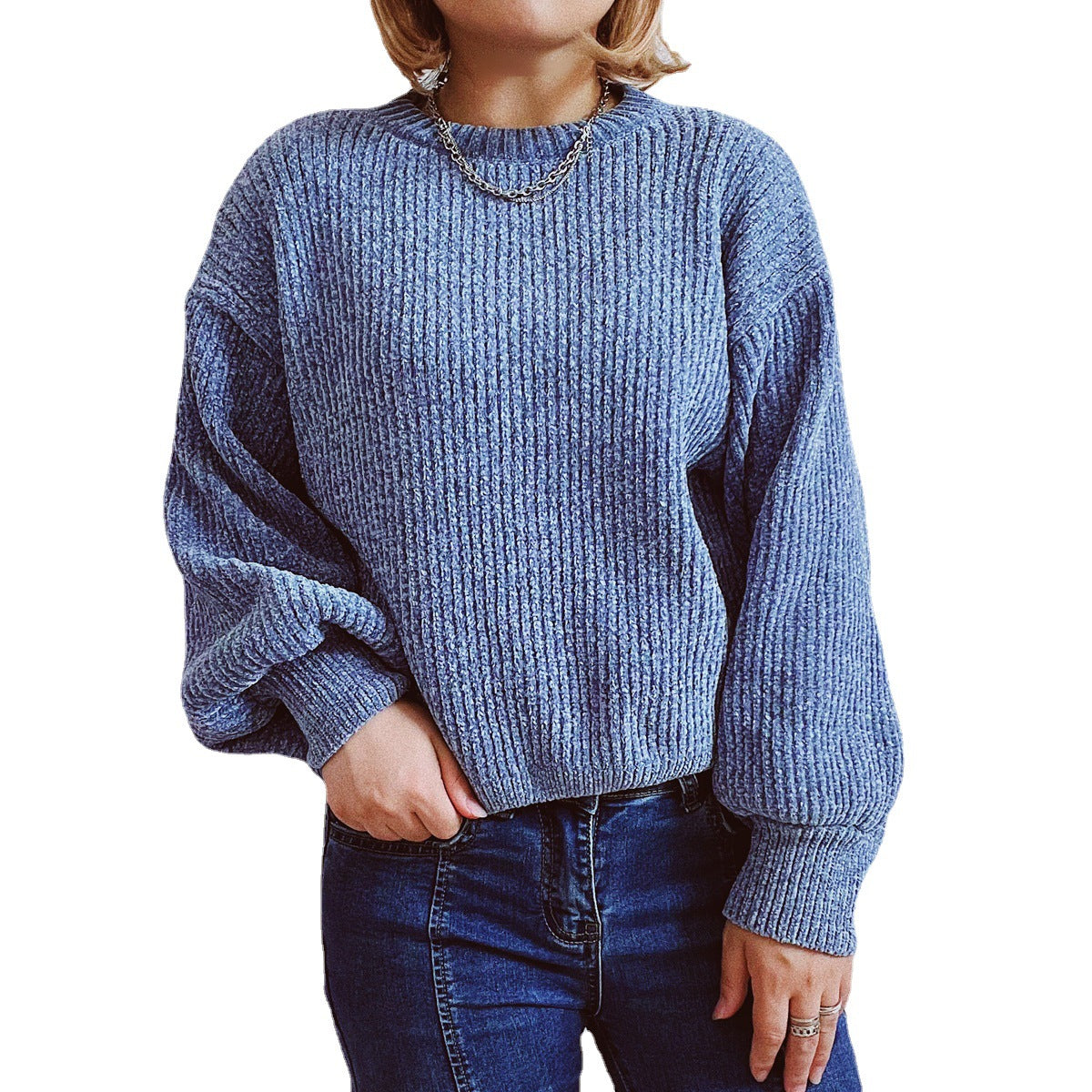 Pull femme en grosse maille avec un motif de côtes romantique et des manches larges Chic und Stil