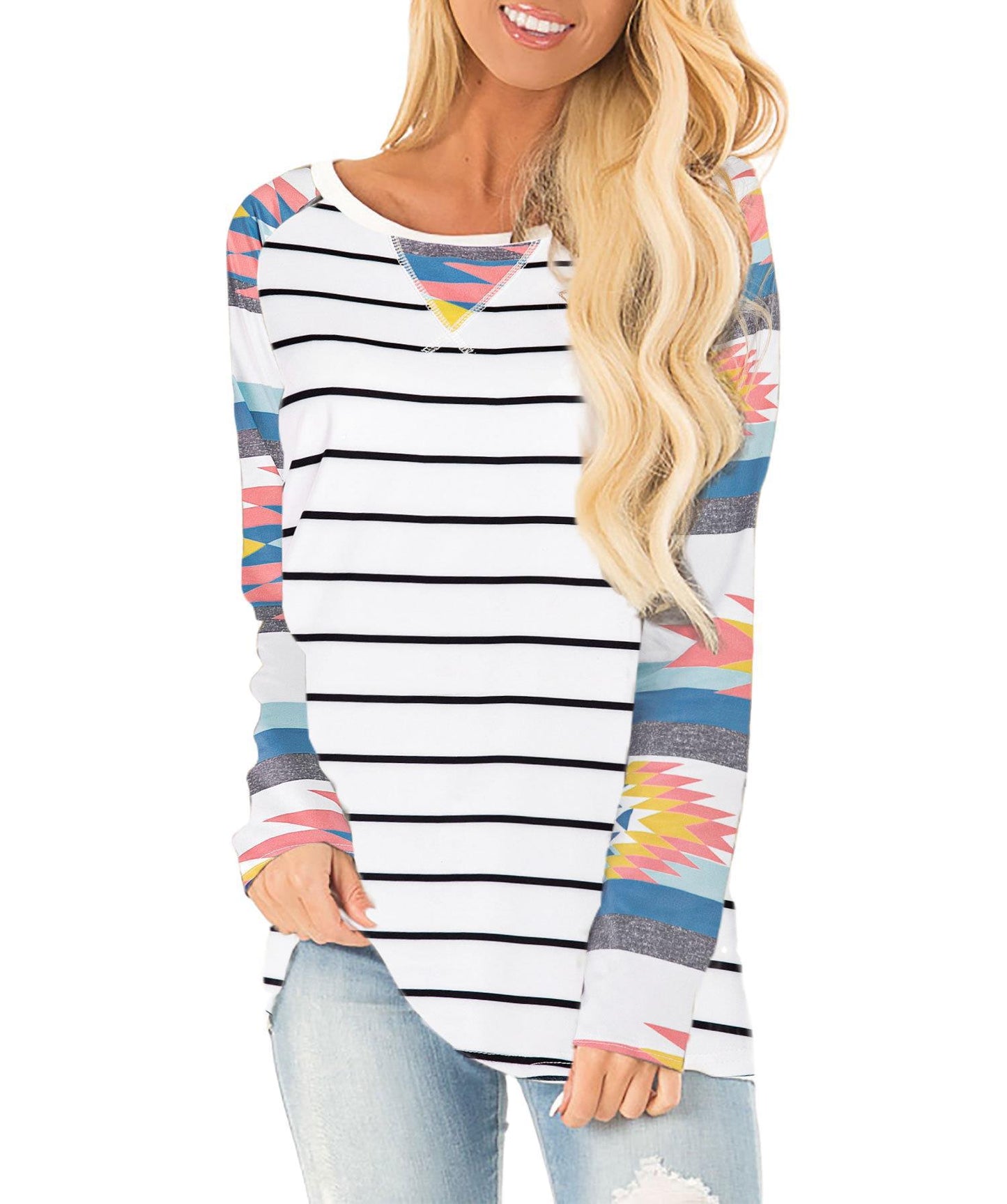 Chemise à manches longues décontractée pour femmes avec motif graphique et fentes sur les côtés Chic und Stil