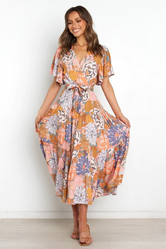 Robe maxi florale pour femmes avec manches à volants Chic und Stil