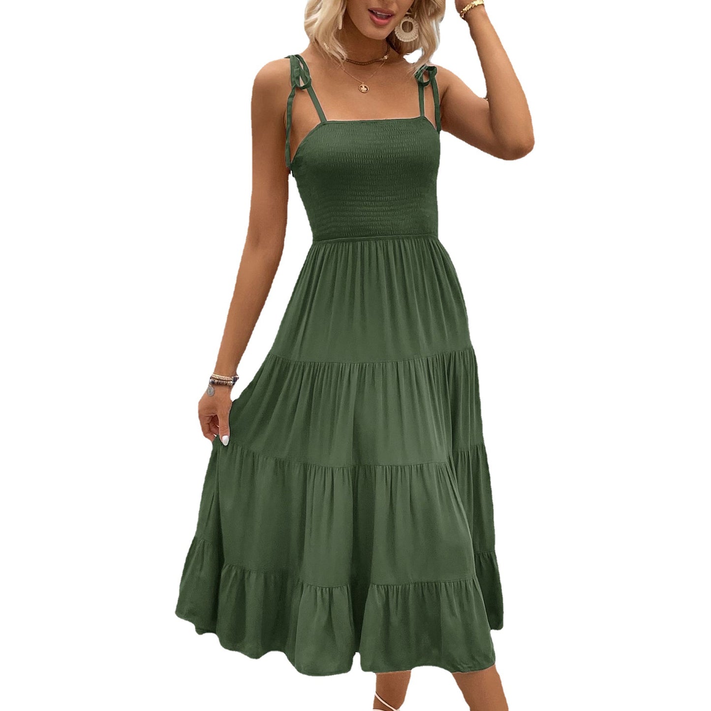 Robe midi élégante à volants pour femme avec bretelles réglables Chic und Stil