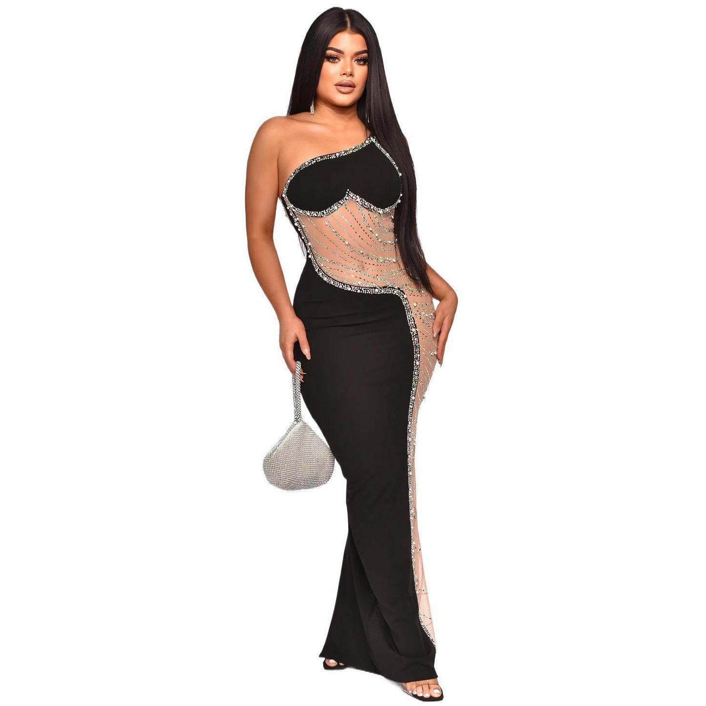 Robe de soirée à paillettes à épaule unique pour femmes Chic und Stil