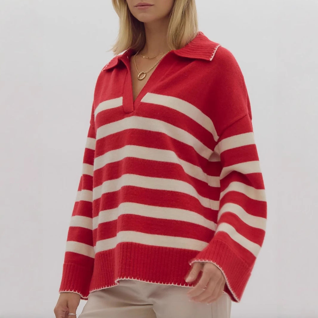 Pulls en tricot douillets pour femmes avec un motif rayé moderne et un décolleté en V Chic und Stil