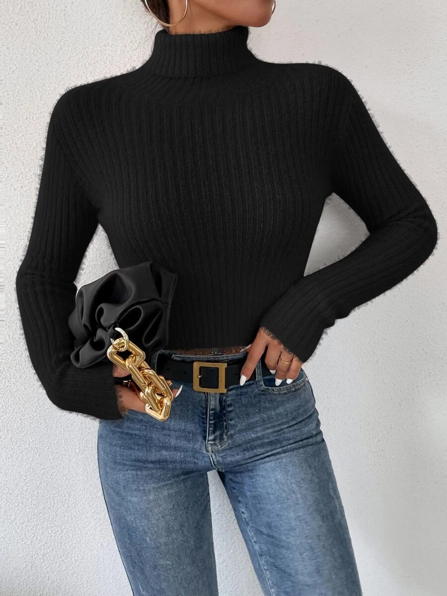 Dames pull fin en tricot avec col montant et design à côtes moderne Chic und Stil