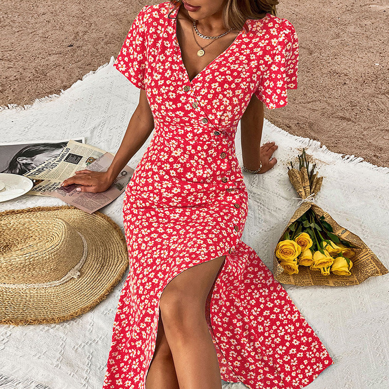 Robe maxi à boutons florale pour femmes avec haut fente Chic und Stil