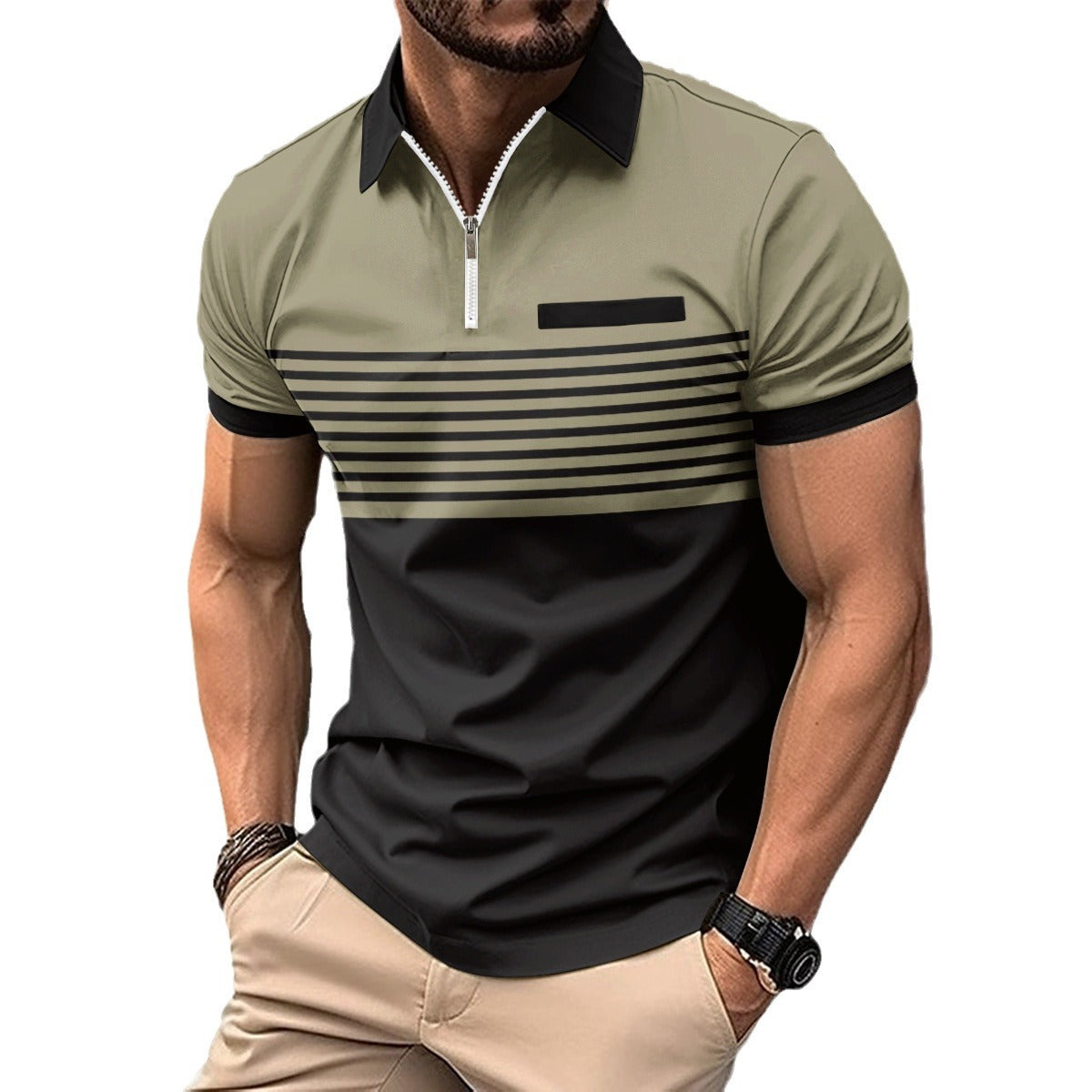 Hommes Polo-Shirt Zip à Rayures Contrastées Modernes Chic und Stil