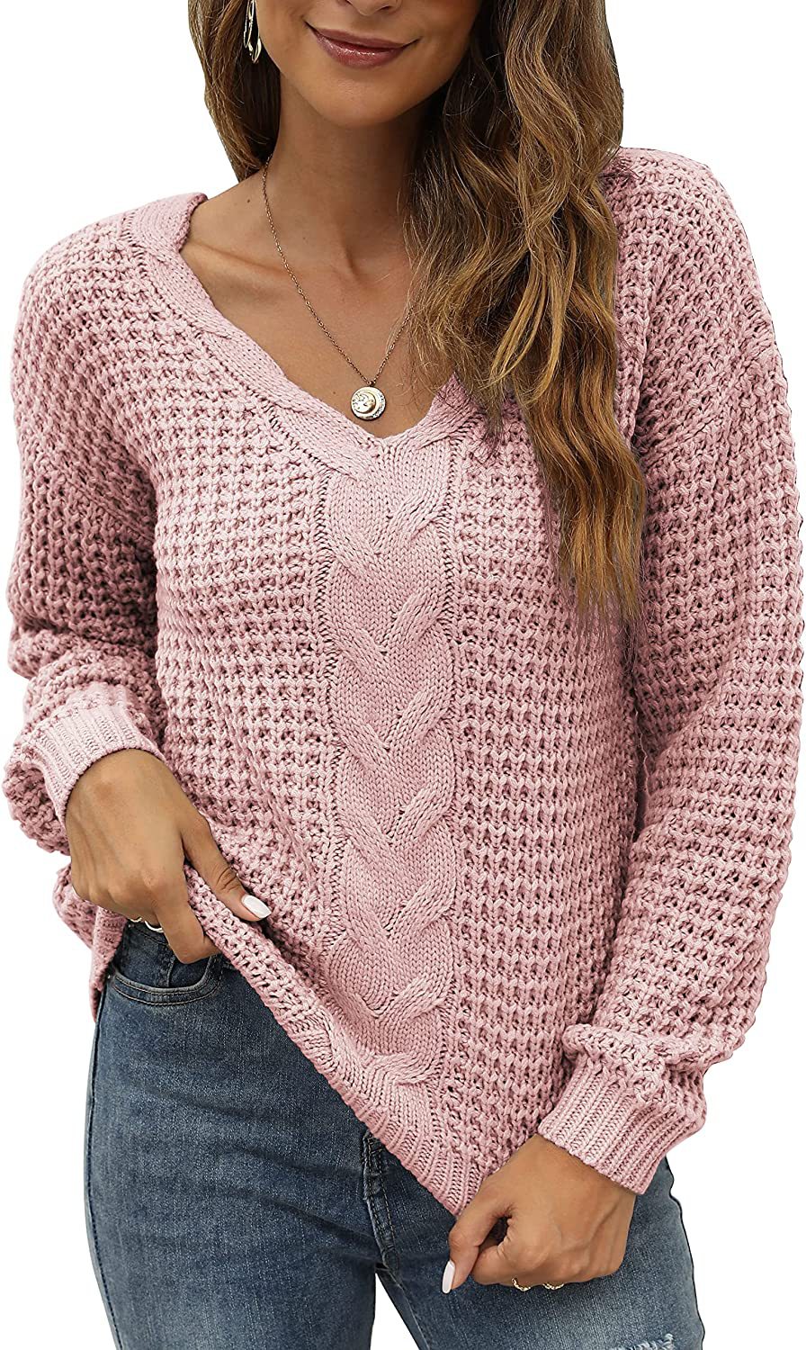Casual knit pullover for women with deep V neckline and detailed cable pattern Chic and Style