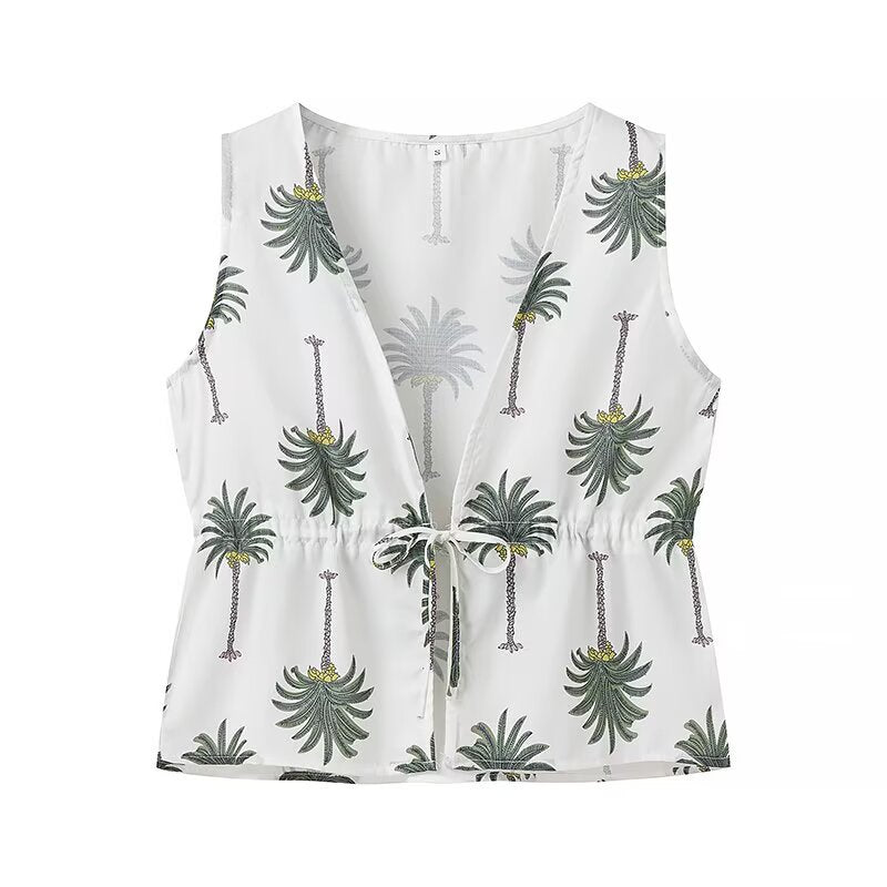 Chic and Style Women's Palazzo Pants with Palm Floral Print and Lace-Up Details on the Sides