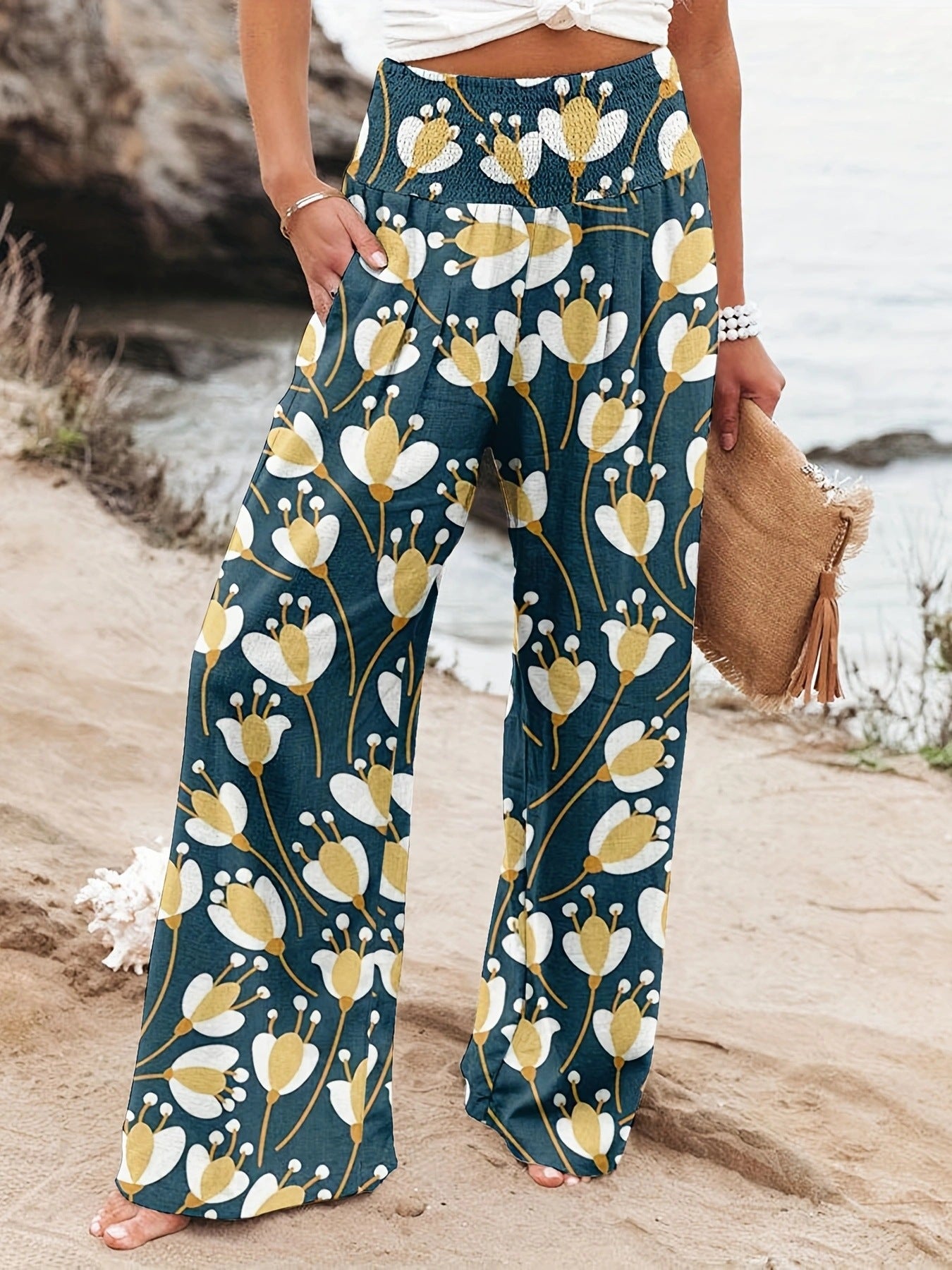 Pantalon d'été ample pour femmes avec imprimé floral et ceinture élastique Chic und Stil