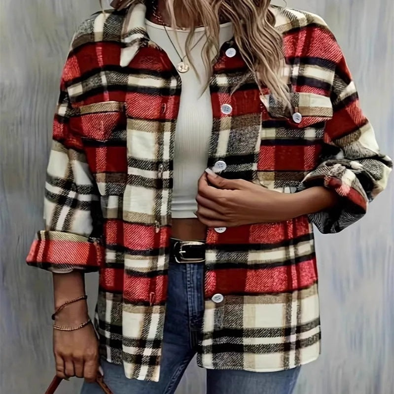 Veste en flanelle à carreaux pour femmes avec poches et boutonnière de bon goût Chic und Stil
