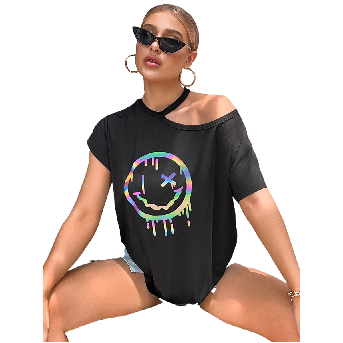 T-shirt décontracté surdimensionné pour femmes avec impression smiley coloré Chic und Stil