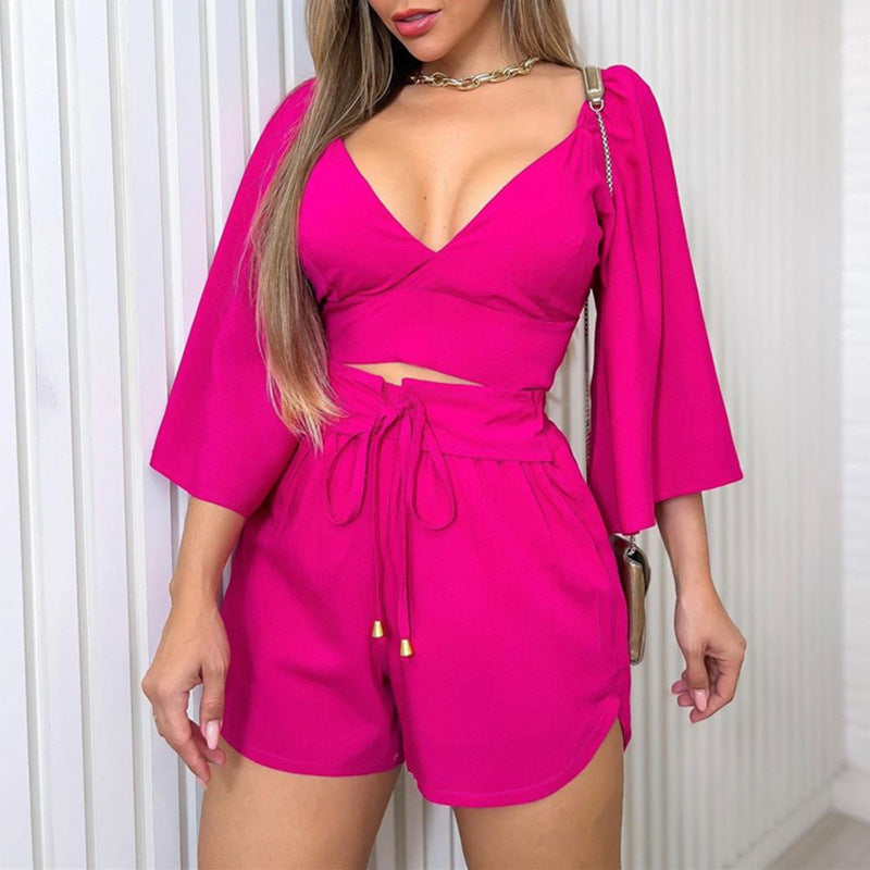 Ladies Elegant Bell Sleeve Crop-top and Chic Shorts Set