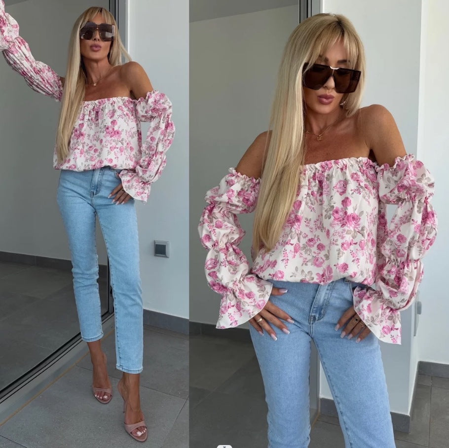 Blouse à fleurs off-shoulder pour femmes avec manches ballon Chic und Stil