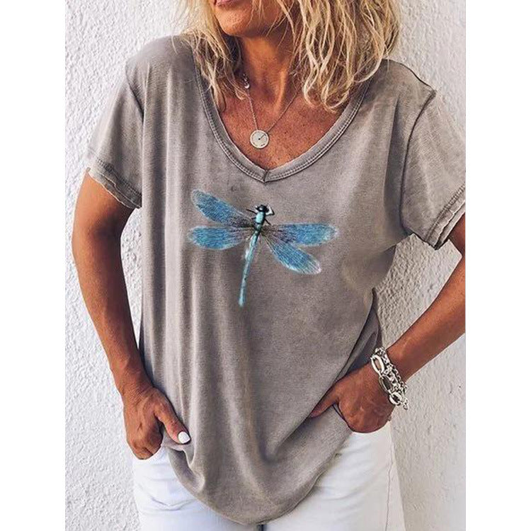 T-shirt graphique à col en V pour femmes avec design de libellules Chic und Stil
