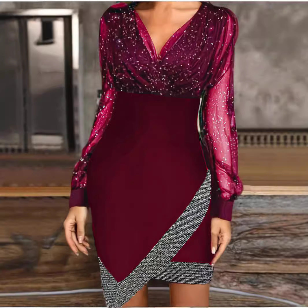 Femmes Robe portefeuille élégante avec des détails scintillants et des manches transparentes Chic und Stil