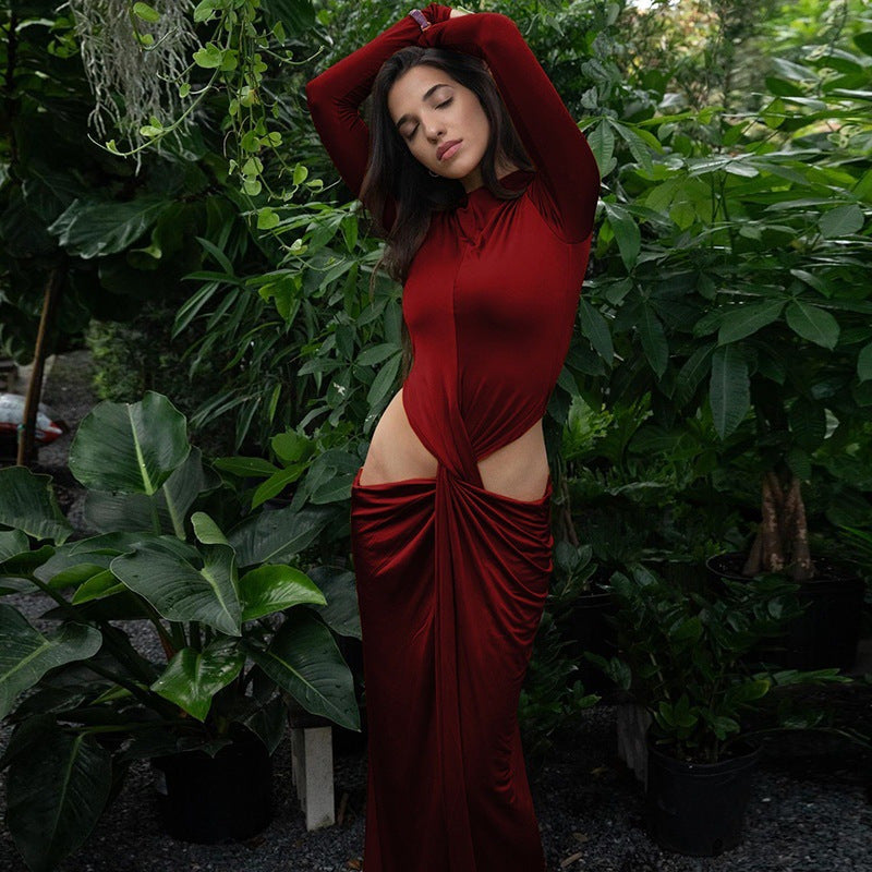 Dames Élégante robe maxi à manches longues avec design noué raffiné et découpes latérales Chic und Stil