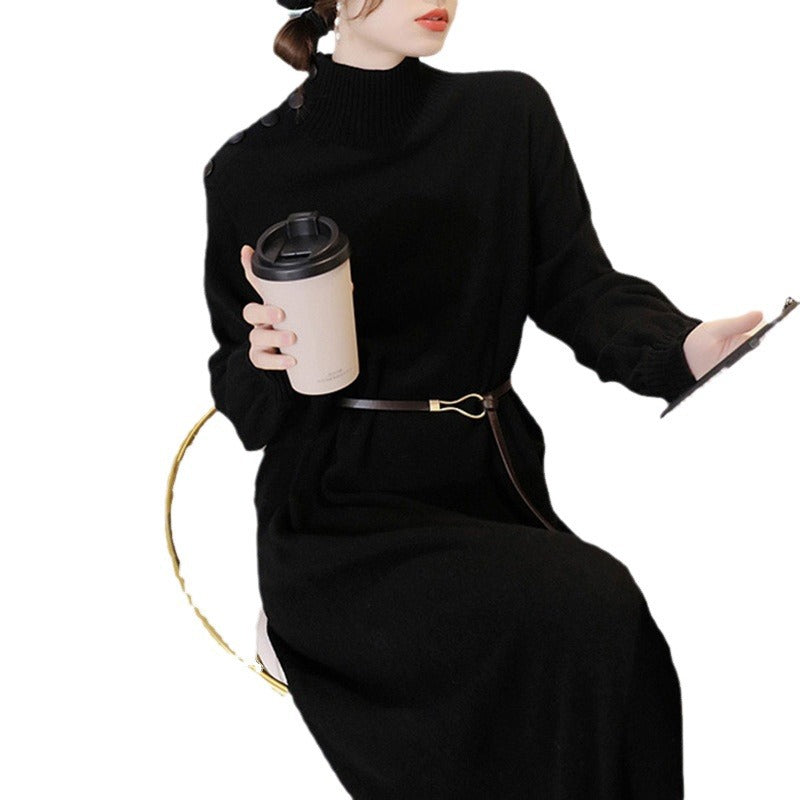 Dames Élégante robe maxi en tricot avec col montant et boutons décoratifs Chic und Stil