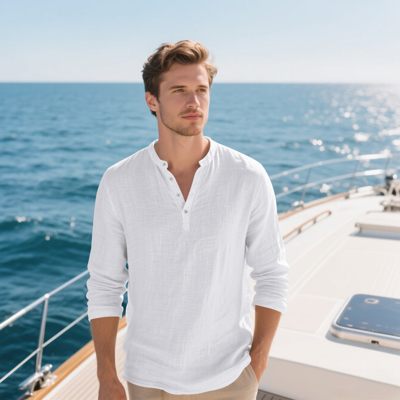 Chemise élégante pour hommes à manches longues avec col montant à la mode et surface texturée Chic und Stil