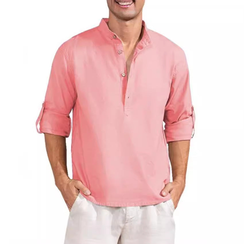 Chemise en lin pour hommes avec col montant et détails de boutons pratiques Chic und Stil