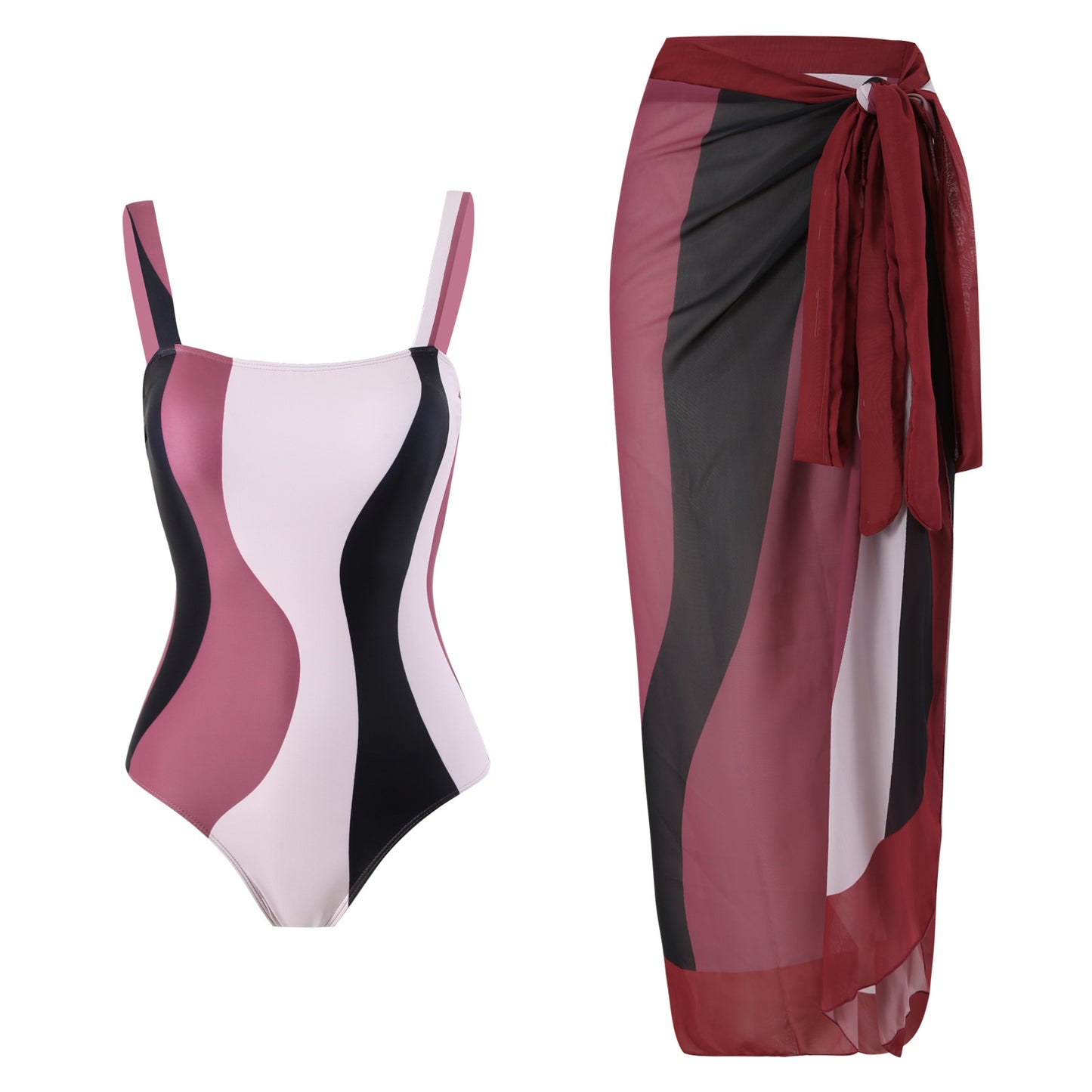 Maillot de bain une pièce pour femmes avec jupe portefeuille à la mode et motif à vagues graphiques Chic und Stil