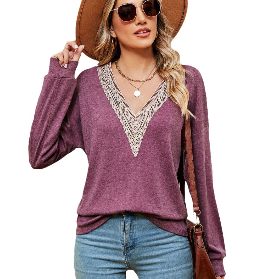Pull femme à encolure en V avec accents en dentelle et coupe décontractée Chic und Stil