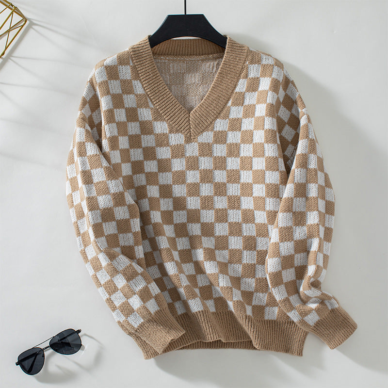 Pull femme décontracté à col en V avec motif à carreaux et coupe ample Chic und Stil
