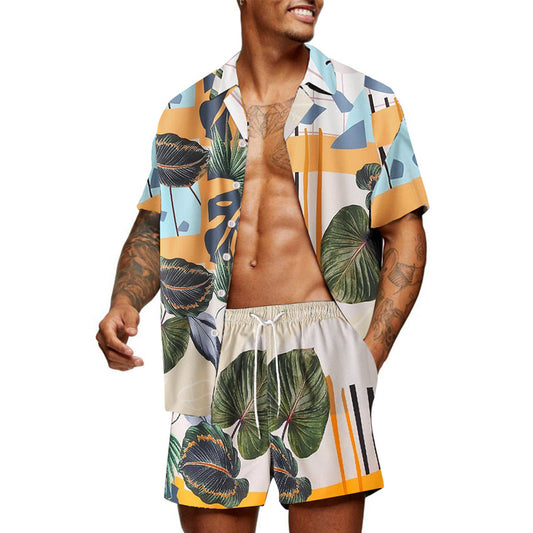 Chemise de loisirs pour hommes et ensemble de shorts avec motif végétal coloré Chic und Stil
