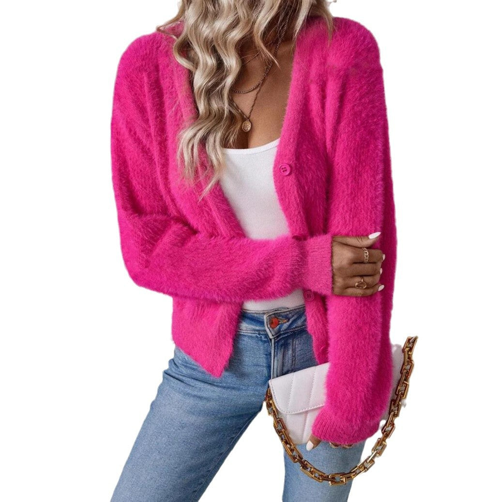 Dames Pull-over Doux à Col V avec Détail de Bouton Chic und Stil