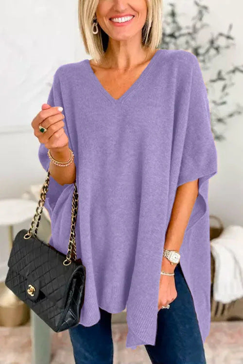 Pull V pour femmes en tricot fin avec des manches larges et un style décontracté Chic und Stil