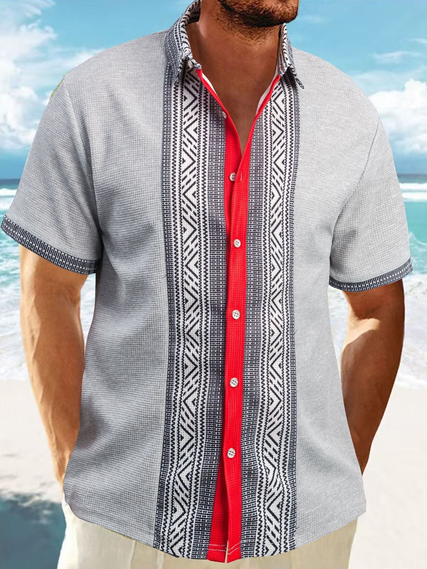 Chemise décontractée à manches courtes pour hommes avec motif géométrique et texture respirante Chic und Stil