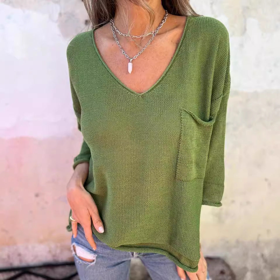 Pull-over V à col en V pour femmes avec poche pratique Chic und Stil