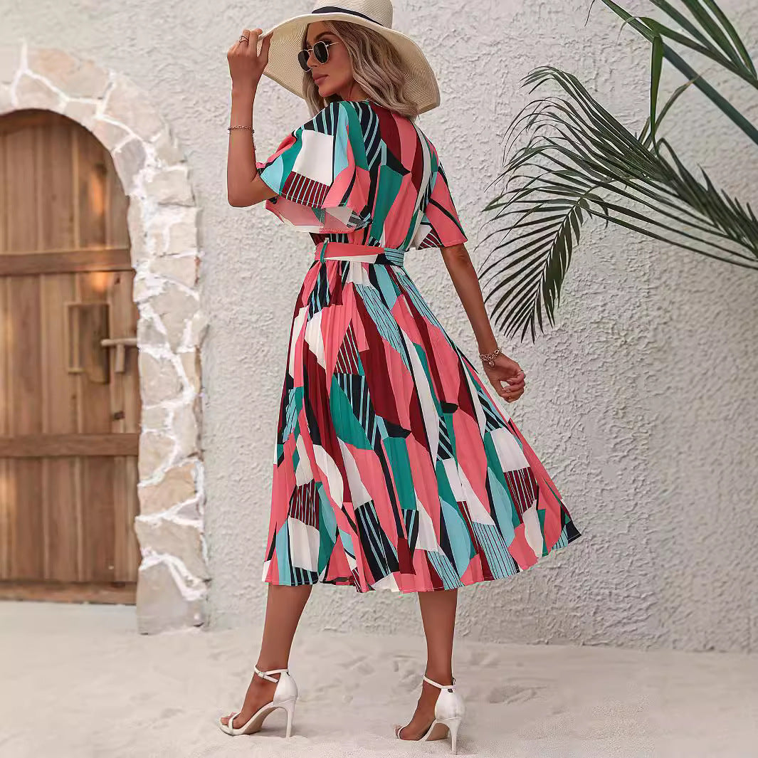 Robe midi pour femme avec motif graphique et ceinture élastique à la taille Chic und Stil