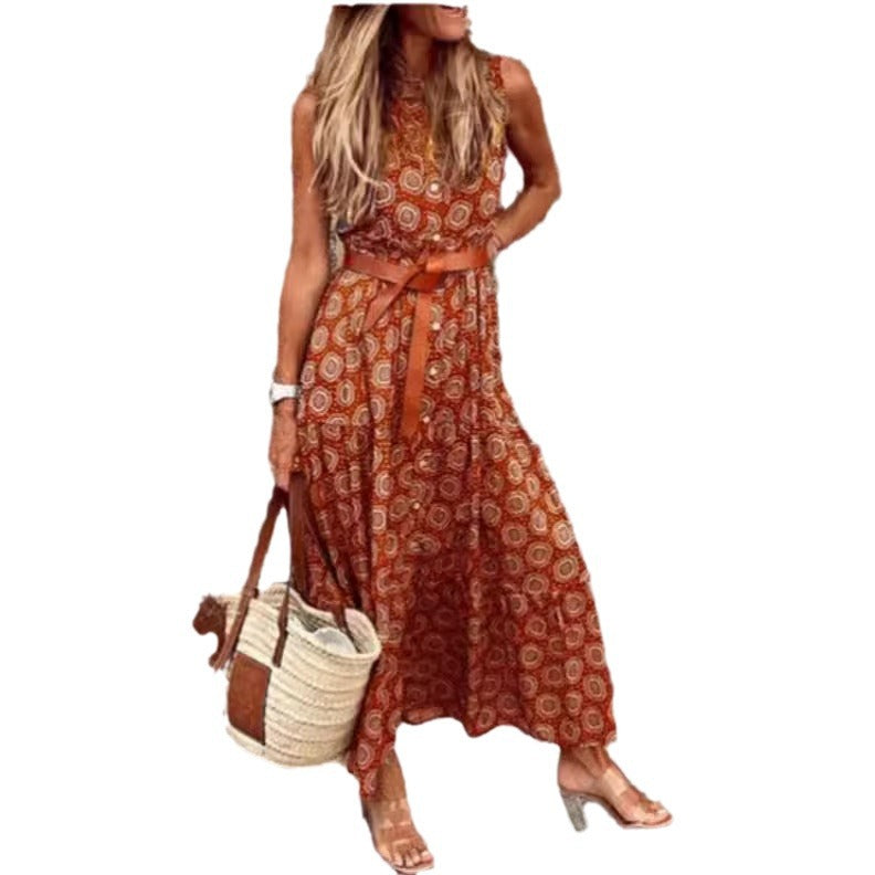 Robe maxi bohémienne pour femmes avec ceinture à la taille et motif floral Chic und Stil
