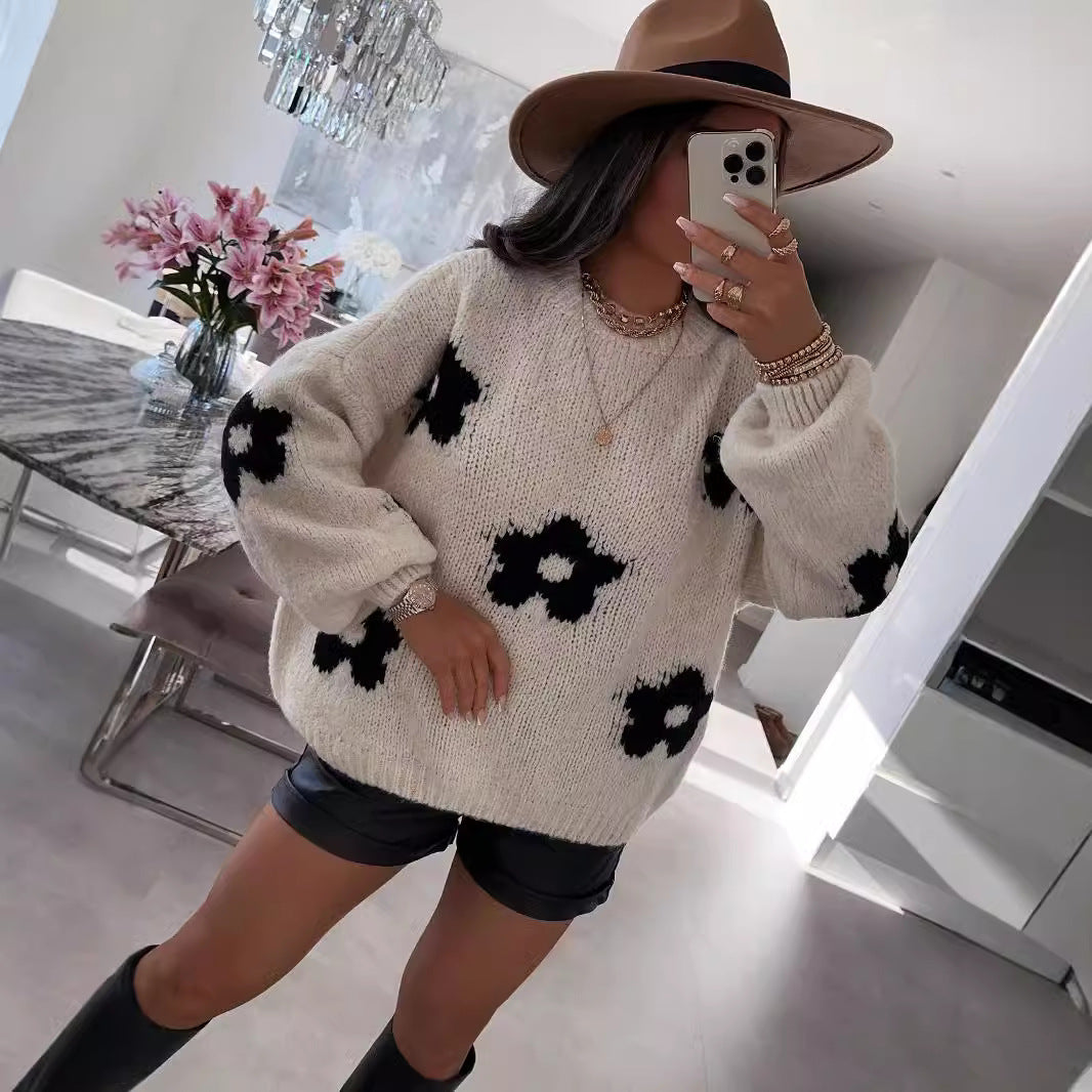 Pull oversized pour dames en tricot épais avec des motifs floraux folkloriques et une coupe décontractée Chic und Stil