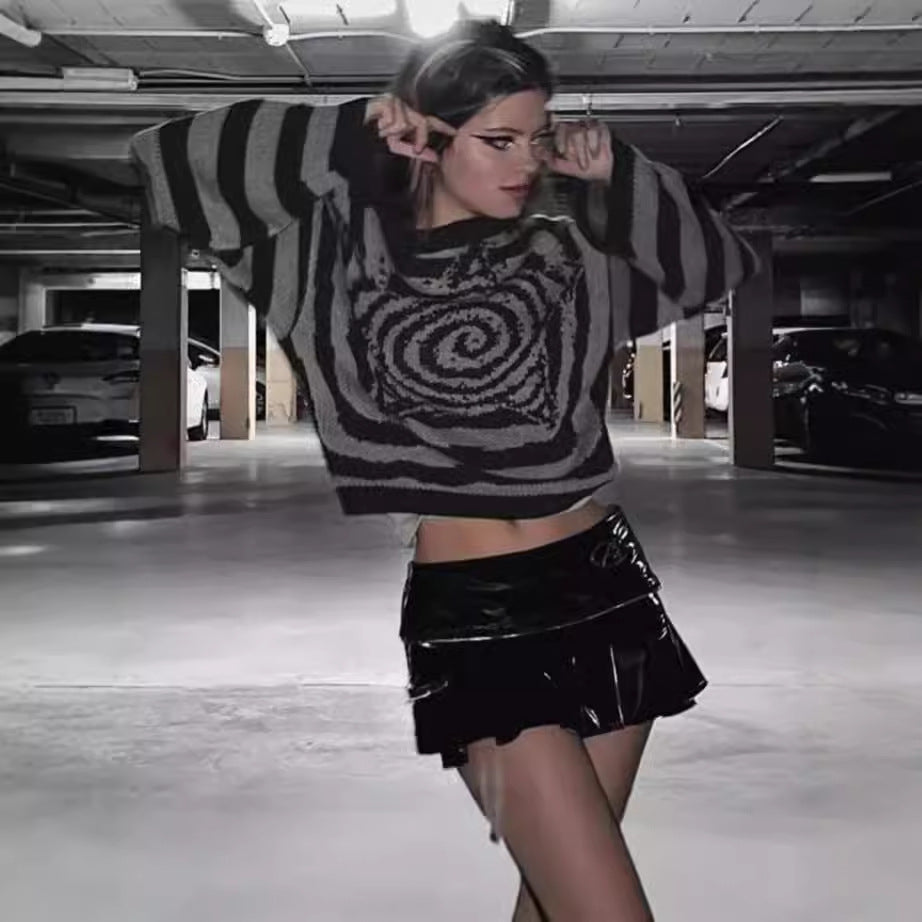 Pull oversized à la mode pour femmes avec un design créatif en spirale et un motif rayé Chic und Stil