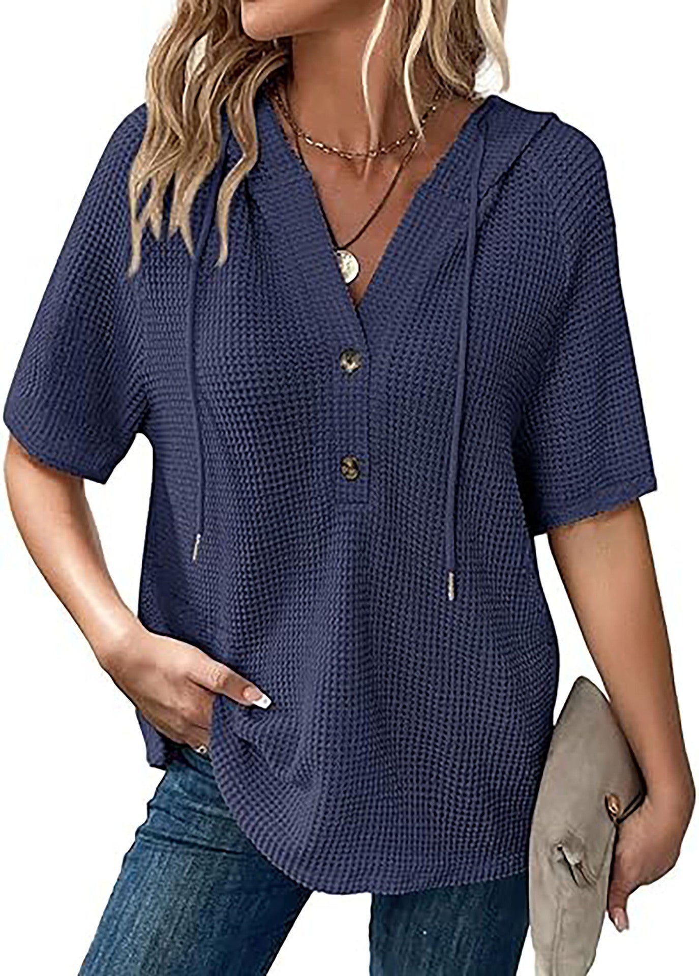 Women's short-sleeved waffle-knit blouse with hood and button placket Chic und Stil