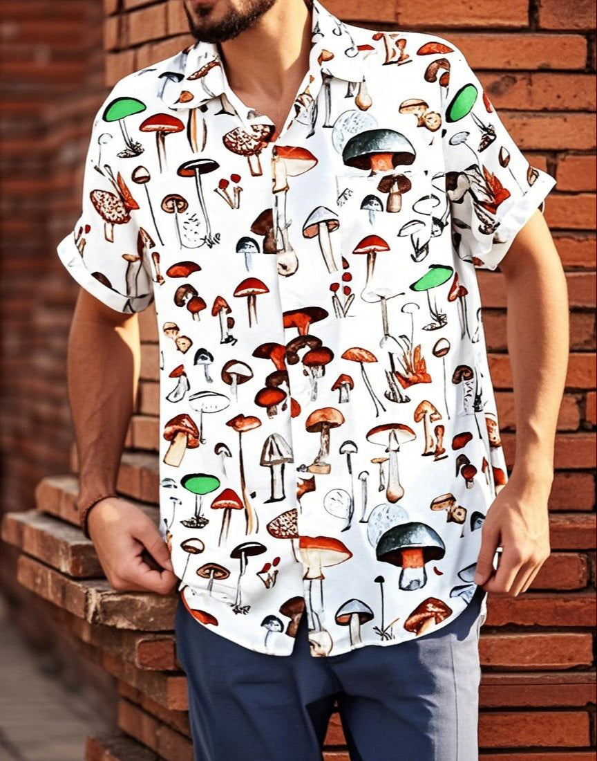 Chemise à manches courtes pour hommes avec un motif de champignon coloré et en coton respirant Chic und Stil