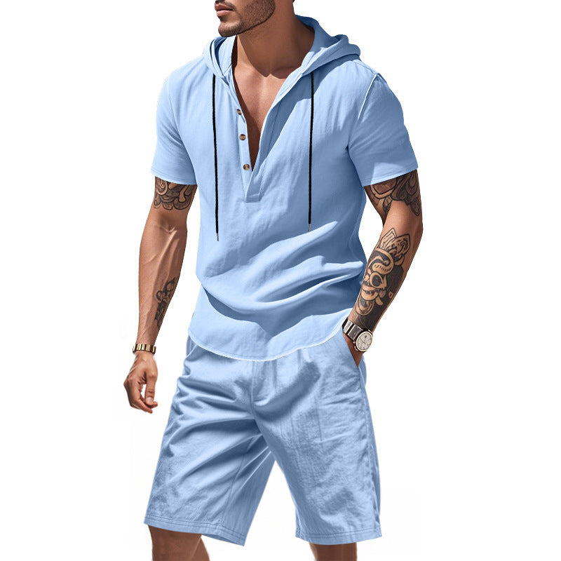 Homme Haut de loisirs à manches longues avec patte de boutonnage et shorts Chic und Stil