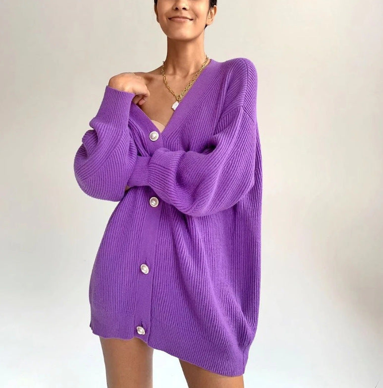 Cardigan en gros tricot pour femmes avec élégants boutons en perles Chic und Stil