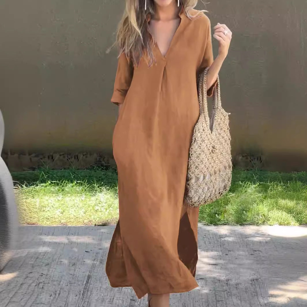 Robe maxi décontractée pour femmes avec élégant décolleté en V et manches décontractées Chic und Stil