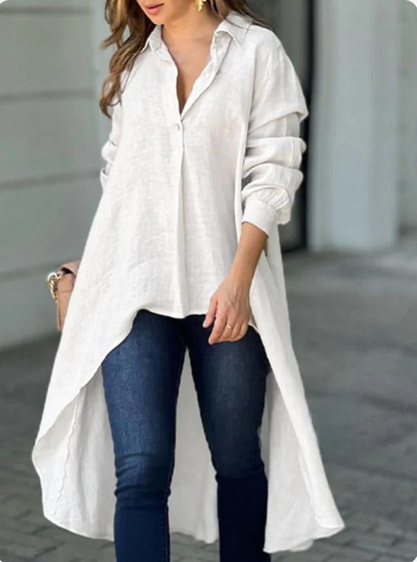 Blouses décontractées pour femmes - T-shirt long en mélange de lin de haute qualité Chic und Stil