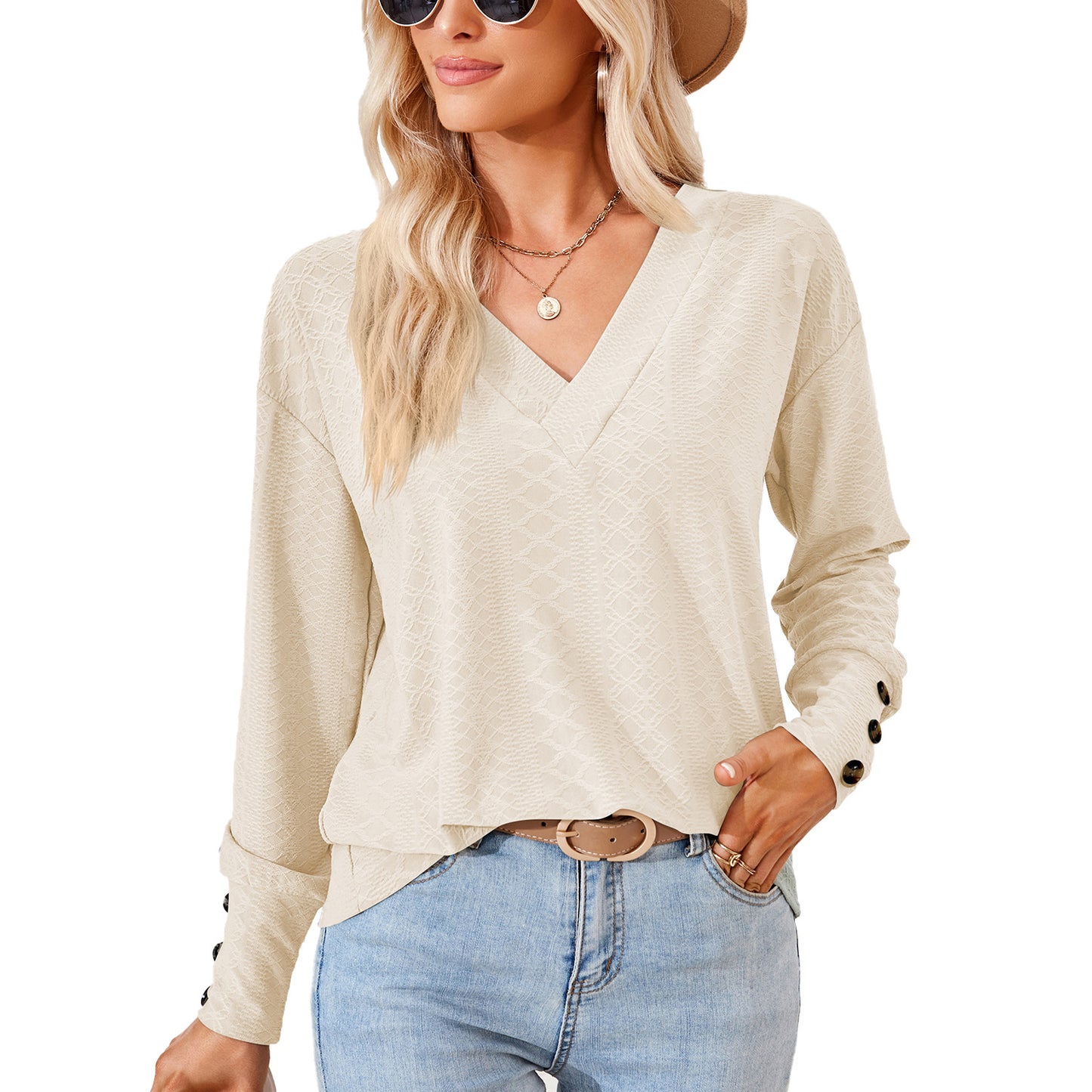 Blouse à manches longues pour femme avec un décolleté en V raffiné et un design structuré Chic und Stil