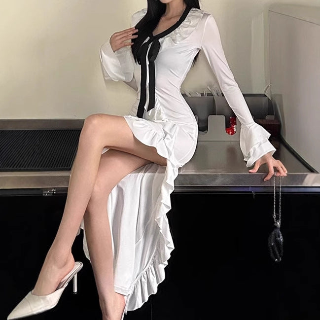 Dames Élégante Robe Maxi avec Détails Volants et Élégant Ruban à Nouer Chic und Stil