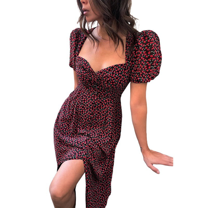 Robe midi à fleurs à manches courtes froncée Chic und Stil