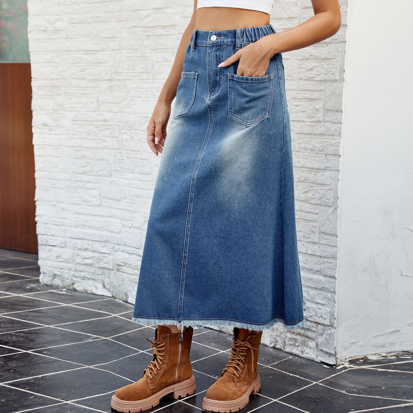 Jupe maxi en denim pour femmes avec taille élastique et poches pratiques Chic und Stil