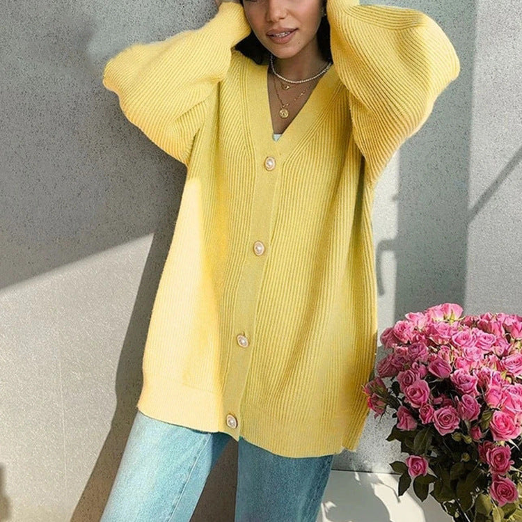 Cardigan en gros tricot pour femmes avec élégants boutons en perles Chic und Stil