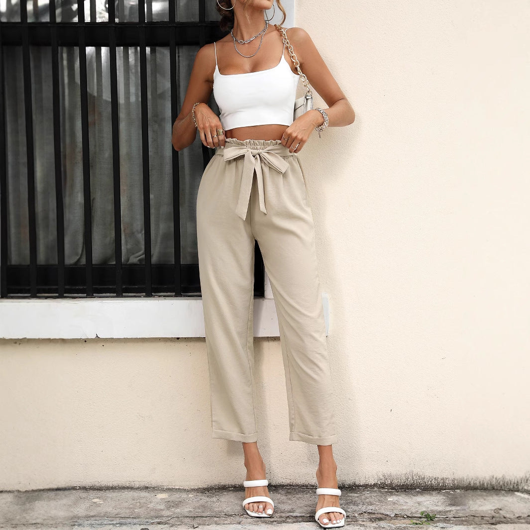 Pantalon chino décontracté pour femmes avec ceinture à nouer tendance et taille élastique Chic und Stil
