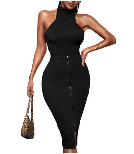 Robe midi ajustée pour femme avec fermeture éclair et col montant Chic und Stil