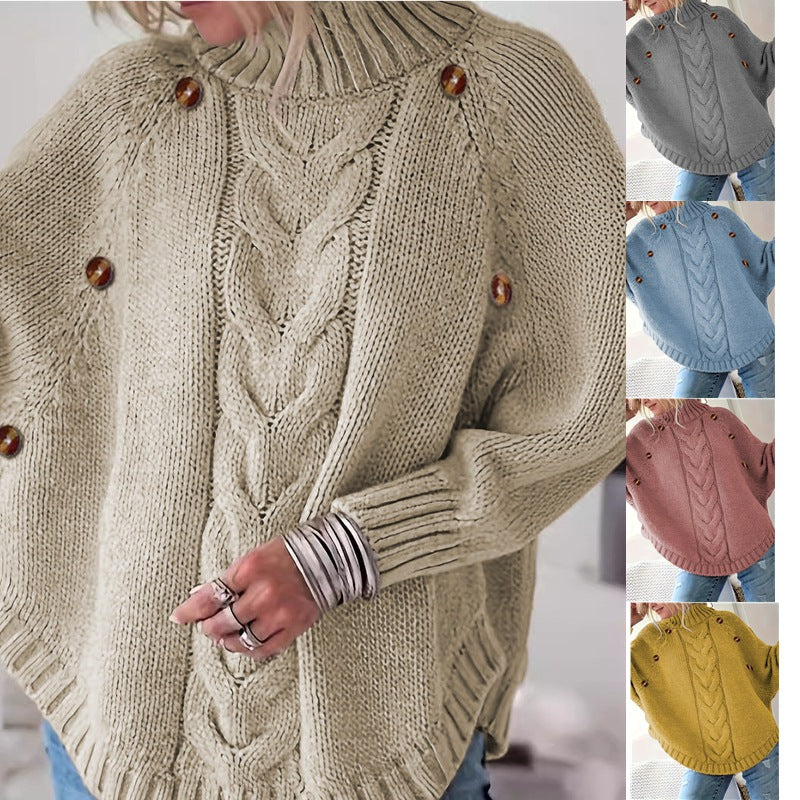Dames gros pull en tricot avec col haut et détails de boutons Chic und Stil