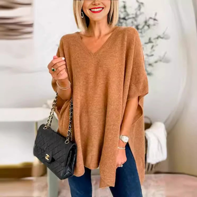 Pull V pour femmes en tricot fin avec des manches larges et un style décontracté Chic und Stil